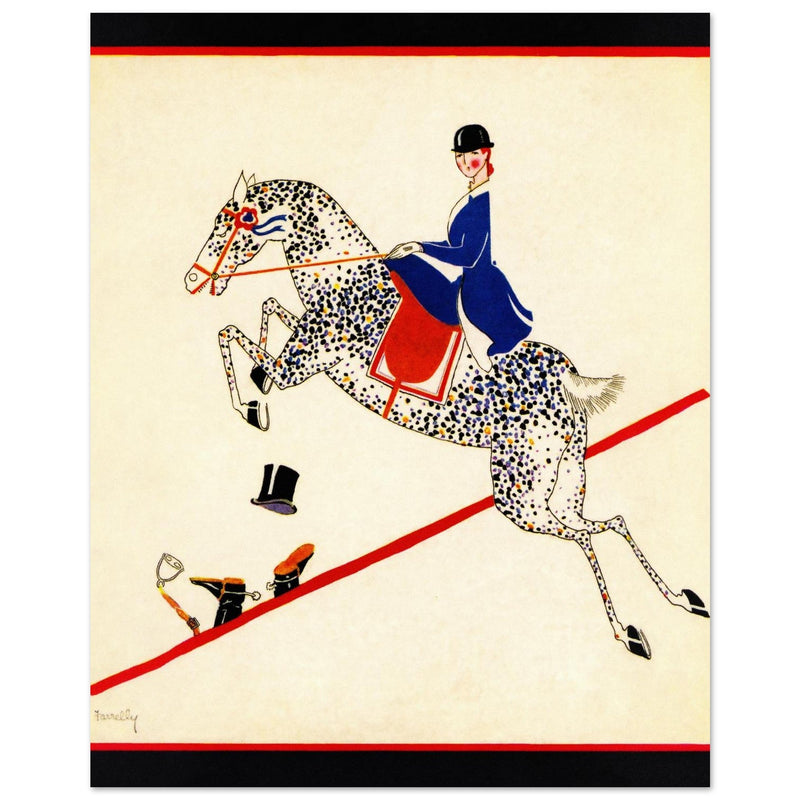 Aline Farrelly illustration for vintage fashion magazine cover woman on horse jumps over fence.