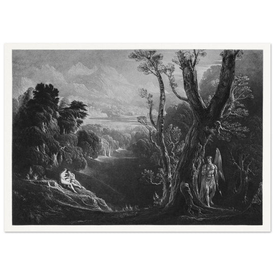 John Martin mezzotint engraving . Satan Contemplating Adam and Eve in Paradise. Paradise Lost by Milton.