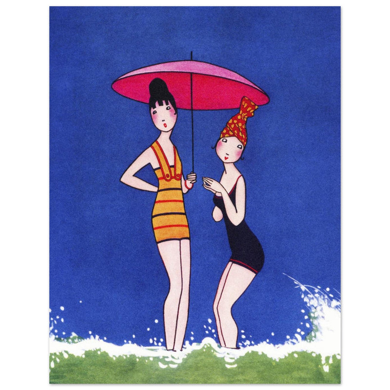 Anne Harriet Fish illustration for a cover magazine. Two women in bathing suit at the beach.