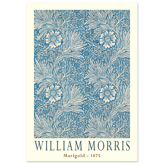 William Morris Marigold art print. Vintage wallpaper reproduction. Blue floral pattern.