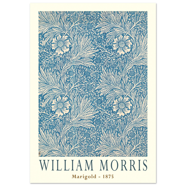 William Morris Marigold art print. Vintage wallpaper reproduction. Blue floral pattern.