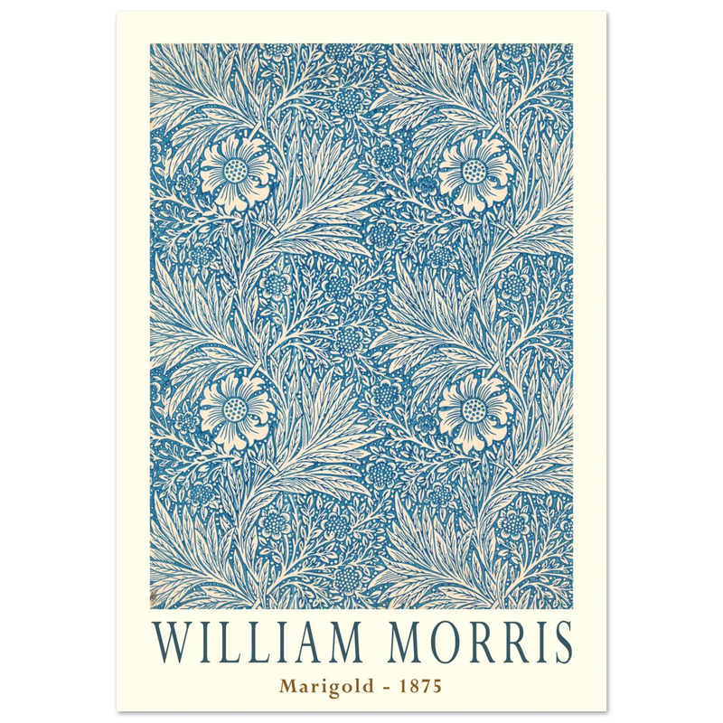 William Morris Marigold art print. Vintage wallpaper reproduction. Blue floral pattern.