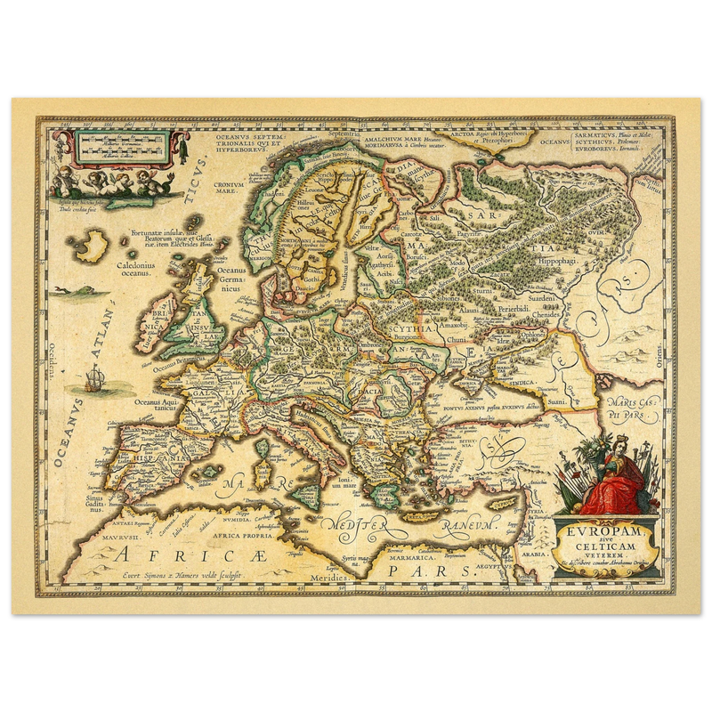 Ancient map of Europe print by Ortelius. Vintage old map reproduction poster..