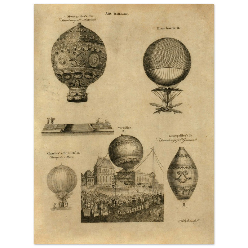 Early balloon ascensions in France. XVIII Century illustration drawing.