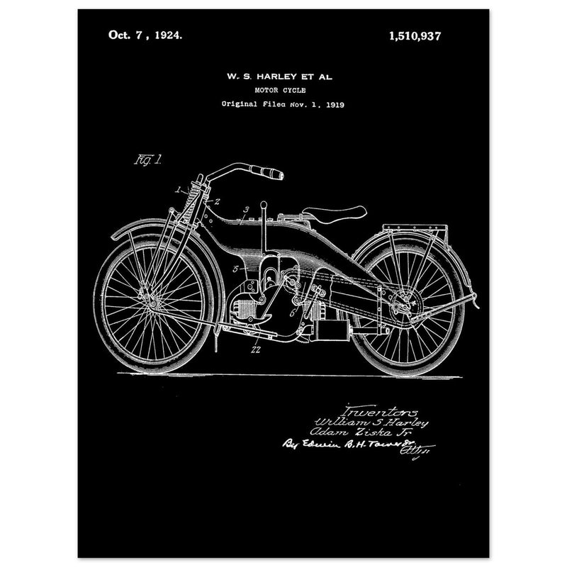 Vintage motorcycle patent by William S Harley founder of harley davidson.