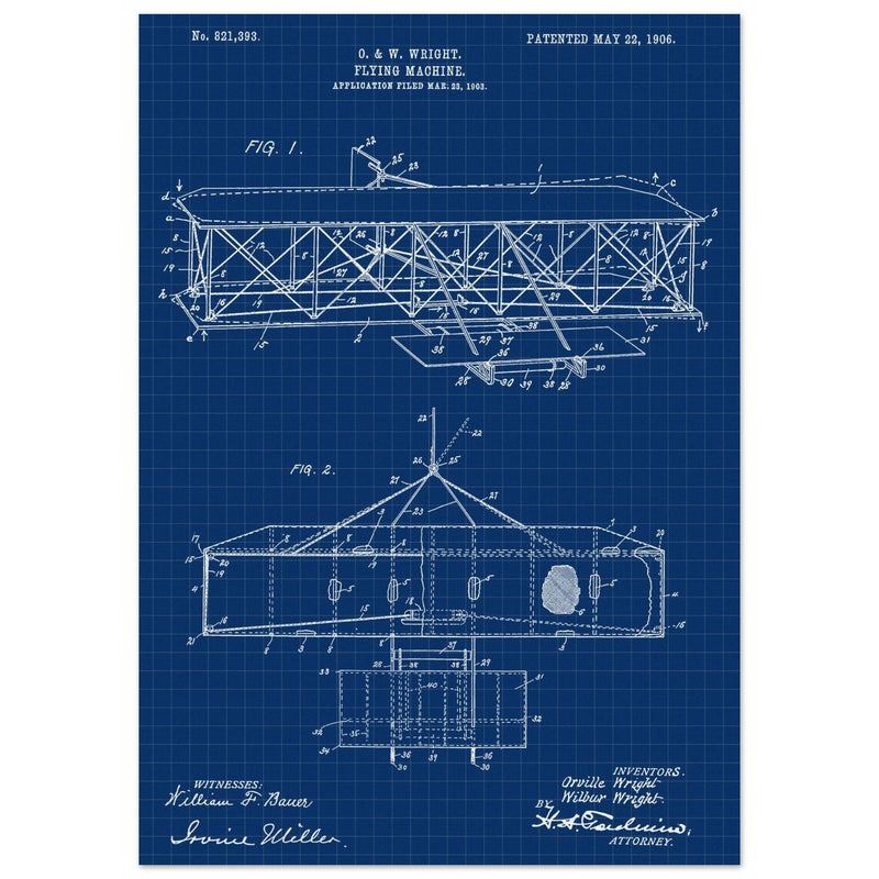 Flying machine patent 1906 by the Wright brothers. Vintage airplane.