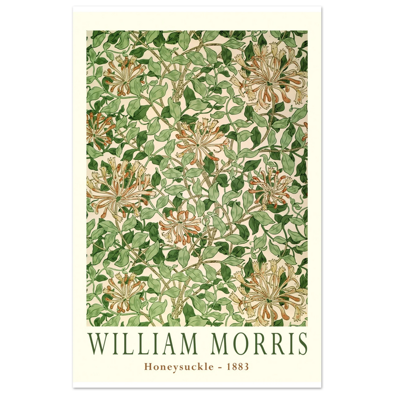 William Morris art print Honeysuckle wallpaper. Vintage flower and leaves poster.