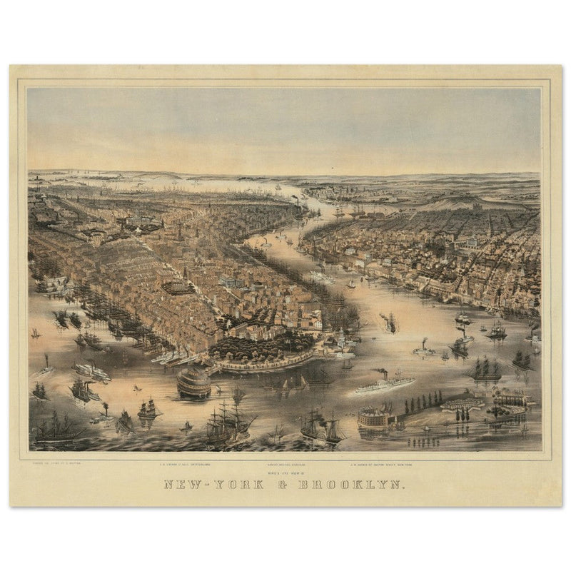 New York City aerial view. 1852 Vintage antique map reproduction.