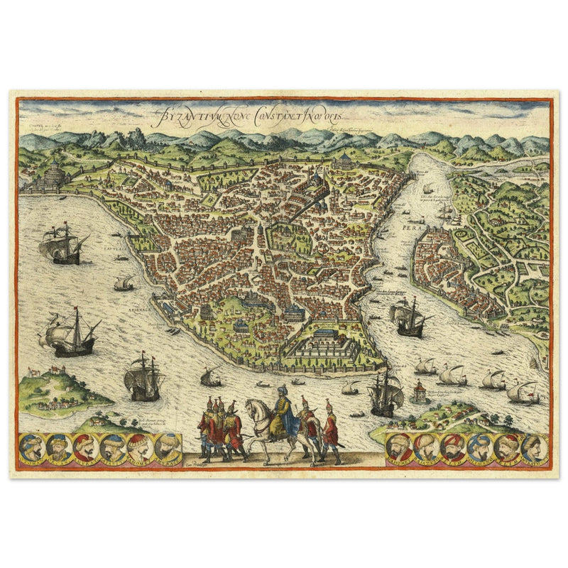 Istanbul ancient map. Byzantium Nunc Constantinopolis by Georg Braun