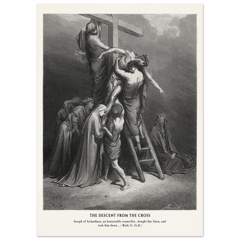 Gustave Dore The Bible engraving print . The Descent from the cross after Crucifixion illustration .