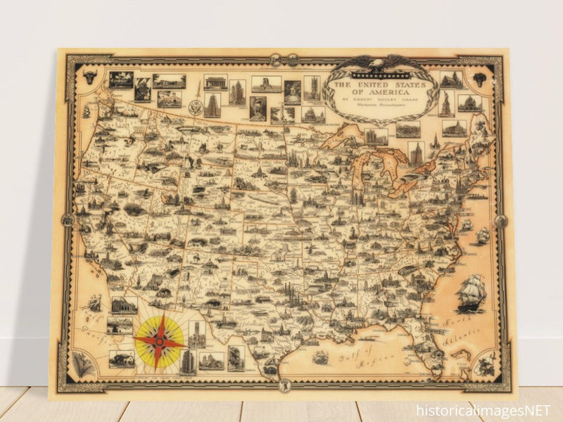 Pictorial old map of the United States of America by Ernest Dudley Chase