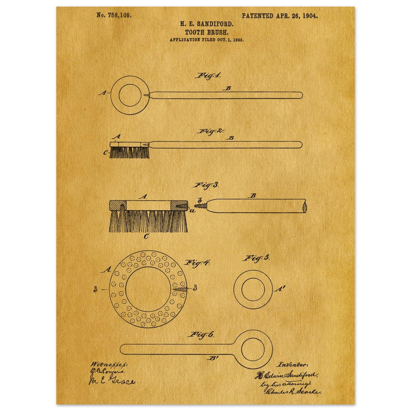 Toothbrush patent illustration by H E Sandiford.