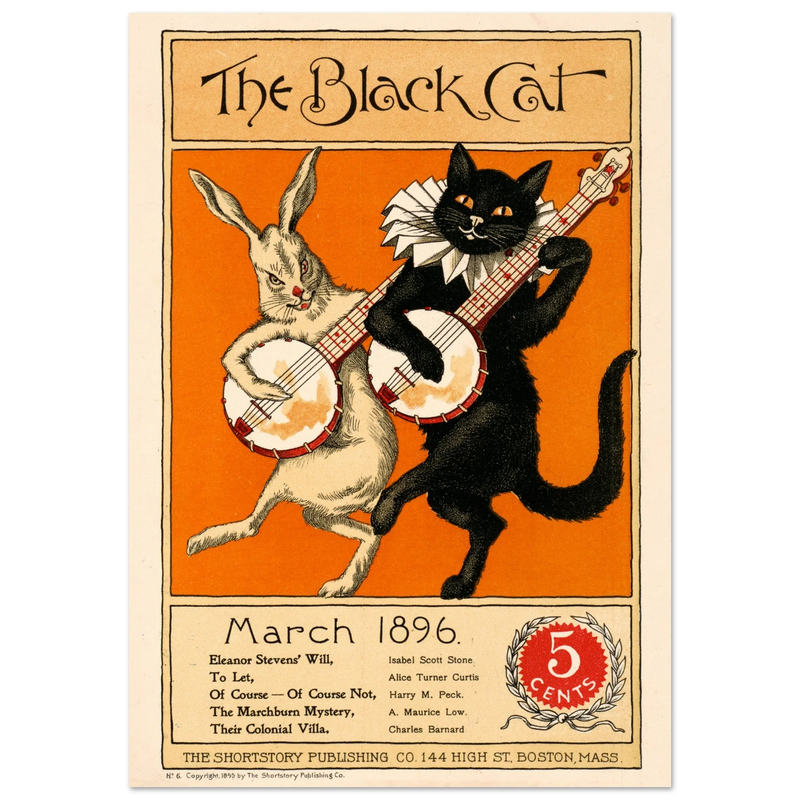 Rabbit and black cat playing banjos together as the cover illustration for The Black Cat Poster reproduction