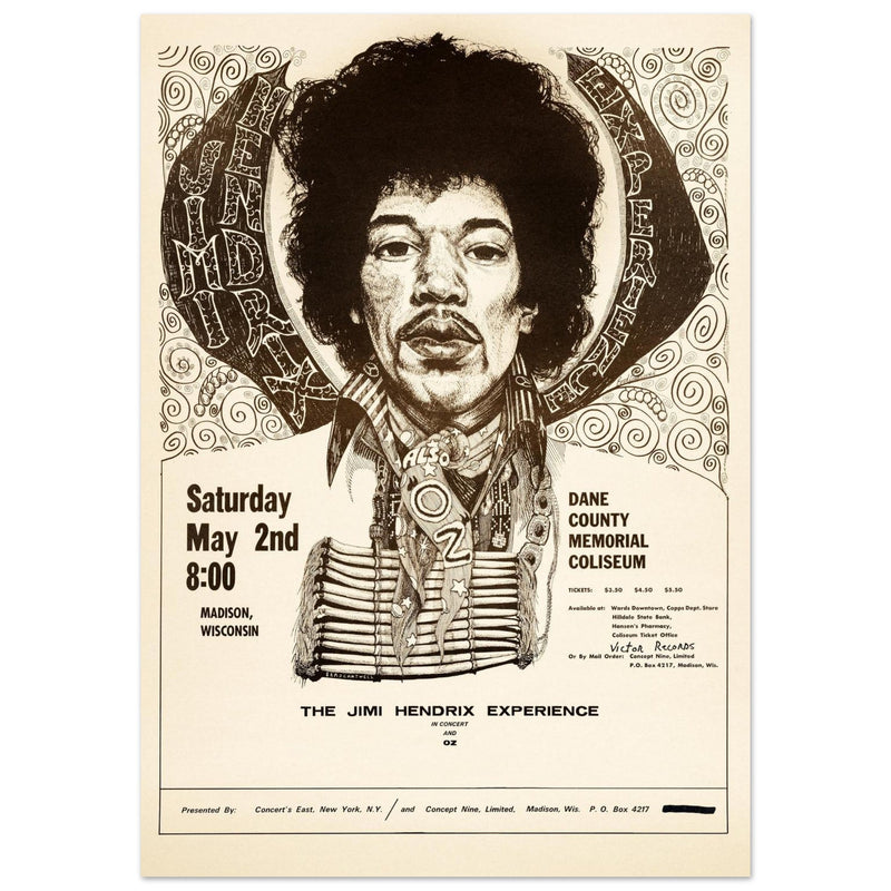 Jimy Hendrix vintage concert poster . Performance in Madison Wisconsin in 1970.