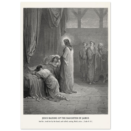Gustave Dore The Bible engraving print . Jesus raising up the daughter of Jairus miracle .