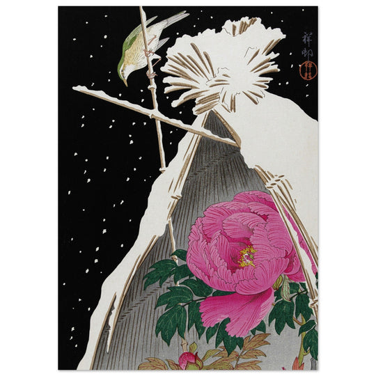 Siberian Bluechat next to a Peony sheltered by a Snowcovered Hay Sheaf by Ohara Koson, Woodblock print reproduction, Fine Art,