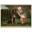 Girl in pink dress and white bonnet with dog vintage illustration poster by Knapp 1892