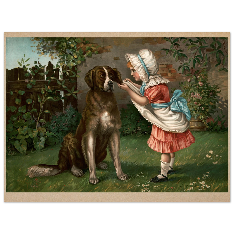 Girl in pink dress and white bonnet with dog vintage illustration poster by Knapp 1892