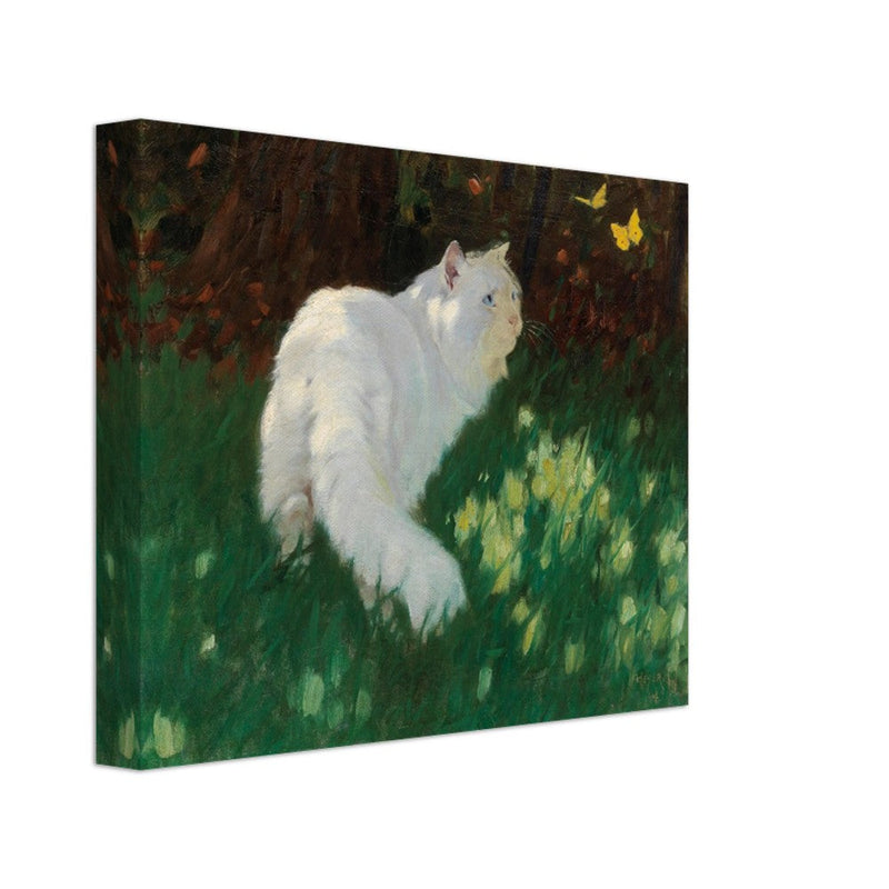 White Cat and Butterflies old painting by Arthur Heyer .