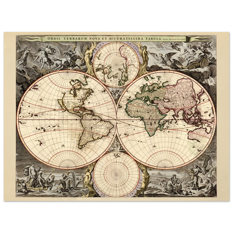 Antique world map print reproduction of the XVII Century. Orbis terrarum nova by Nicolaes Visscher II