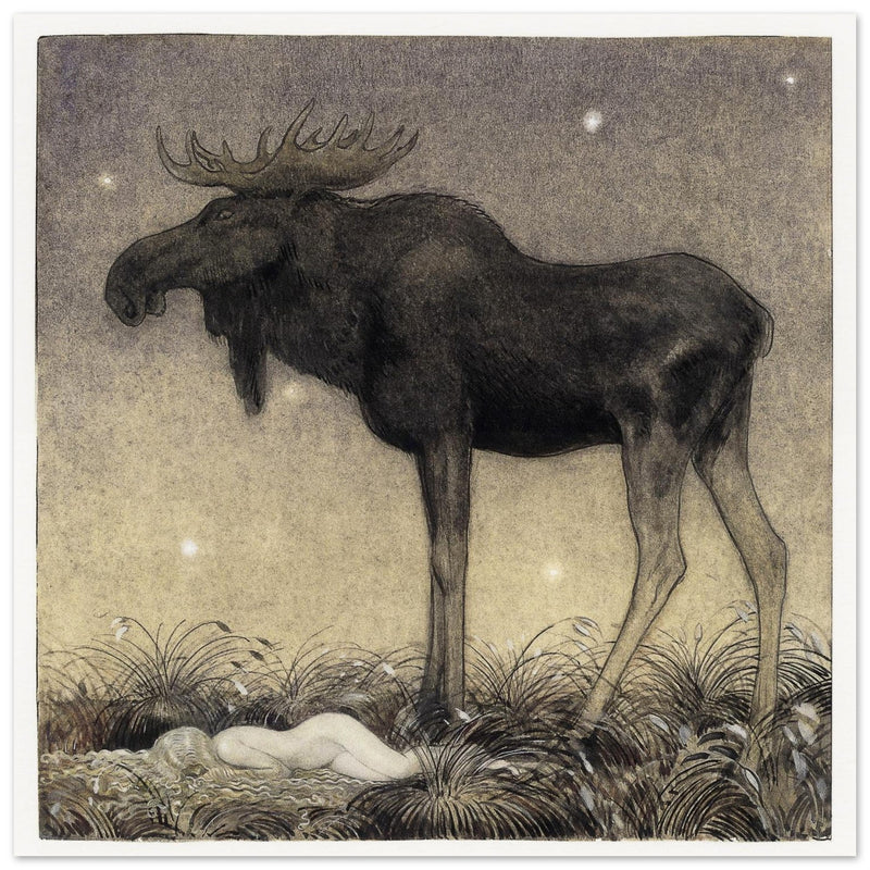 John Bauer vintage illustration print . From the fairy tale Leap the Elk and Little Princess Cottongrass.