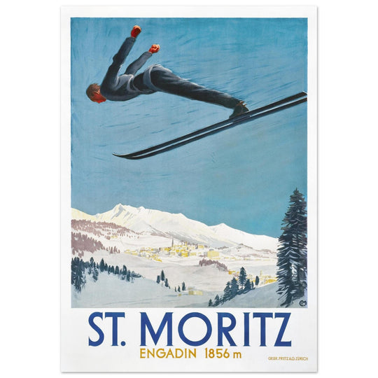 St Moritz vintage travel poster.  Skiing destination