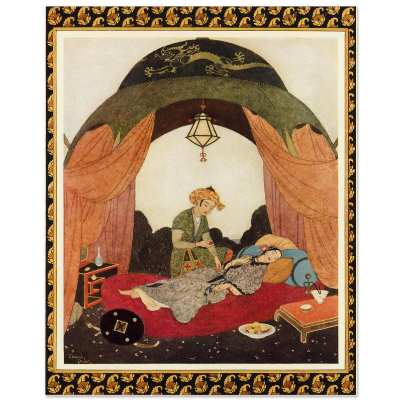 Edmund Dulac and one of his illustration for Princess Badoura fairy tale. Camaralzaman Finds the Talisman .