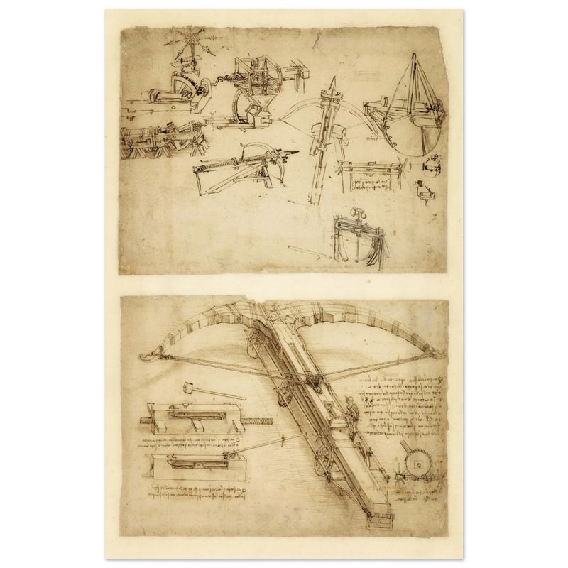 Leonardo da Vinci Atlantic Codex (Codex Atlanticus) Giant crossbow drawing reproduction.