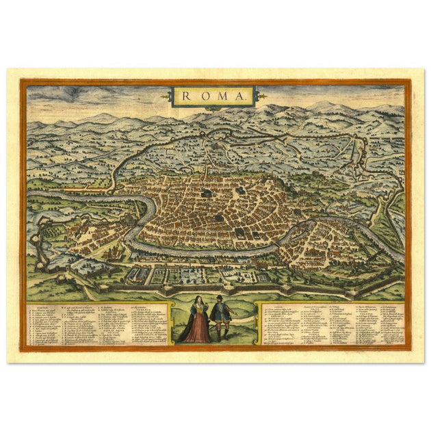 Rome Italy antique vintage city map. 1572 ancient map of the italian capital by Georg Braun and  Frans Hogenberg.