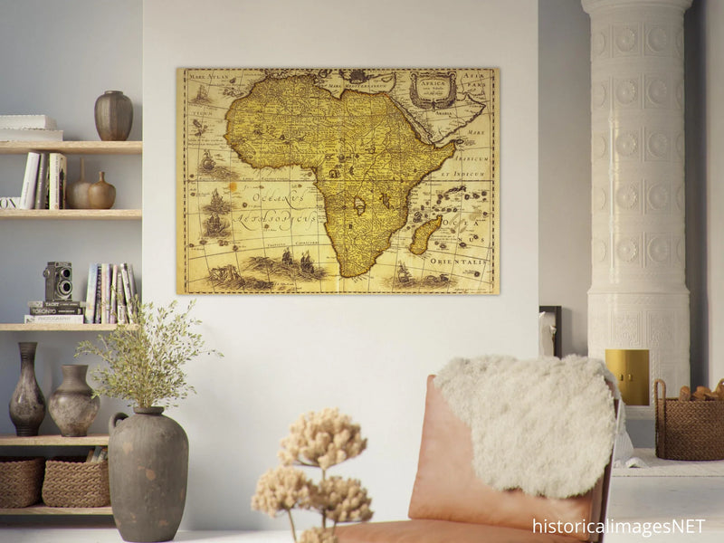 Africa ancient vintage map print reproduction. African continent cartography of 1680 by Hendrik Hondius