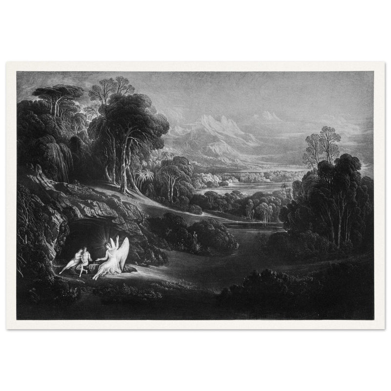 John Martin Paradise Lost vintage mezzoting engraving . Raphael Conversing with Adam and Eve .