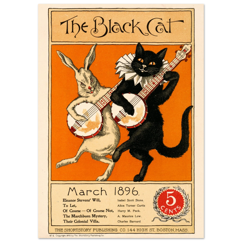 Rabbit and black cat playing banjos together as the cover illustration for The Black Cat Poster reproduction