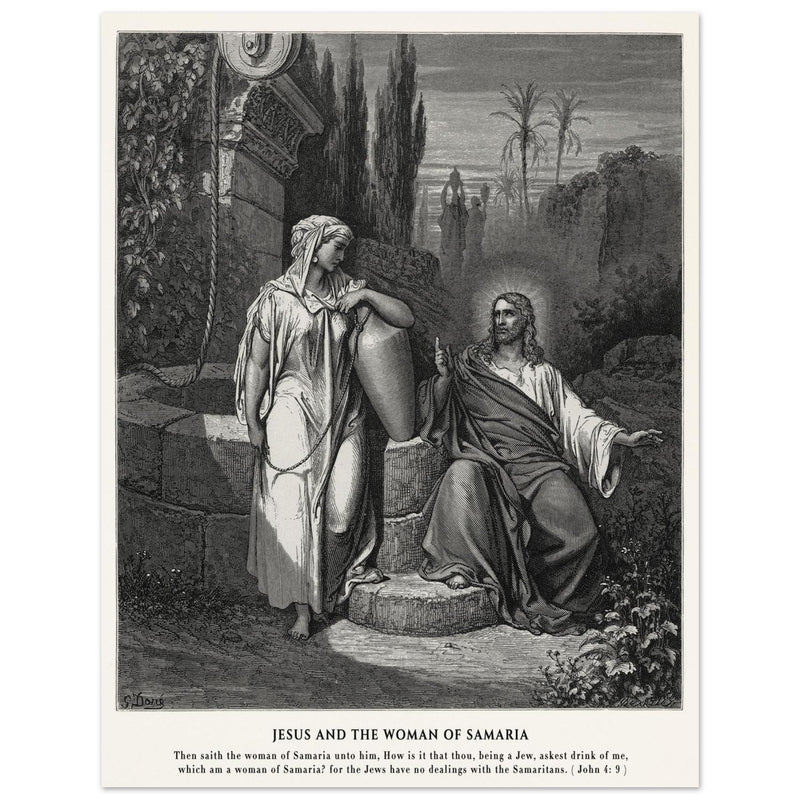 Gustave Dore The Bible engraving print . Jesus and the woman of Samaria illustration .