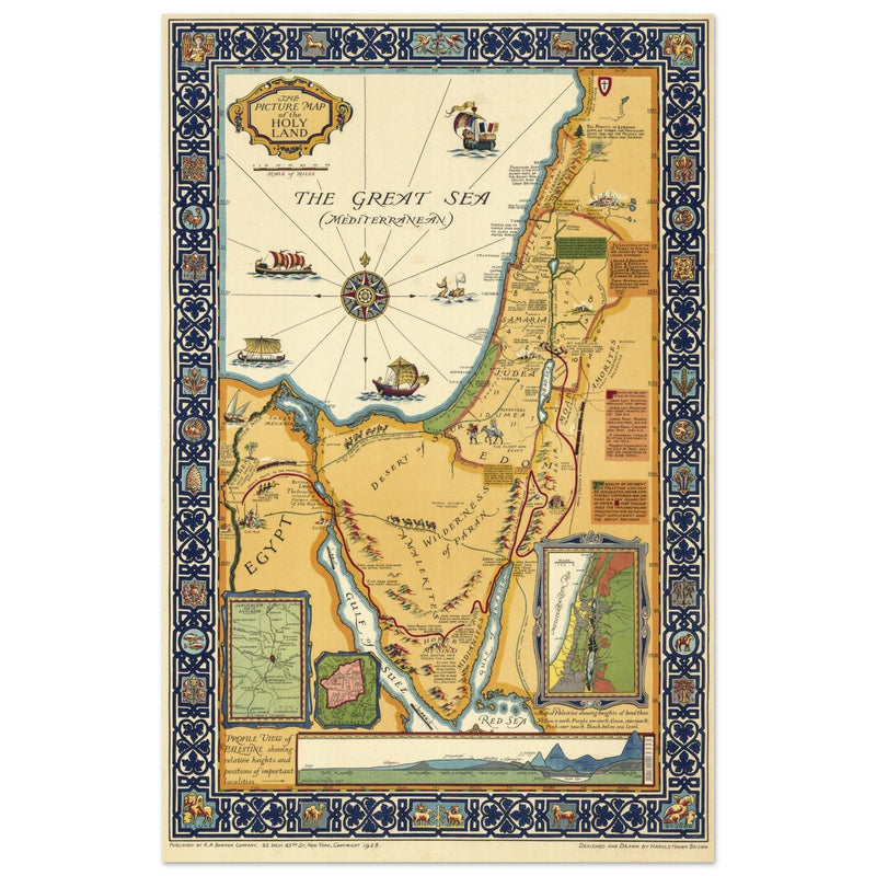 The Picture Map of the Holy Land by Harold Haven Brown . Biblical Palestine vintage map.