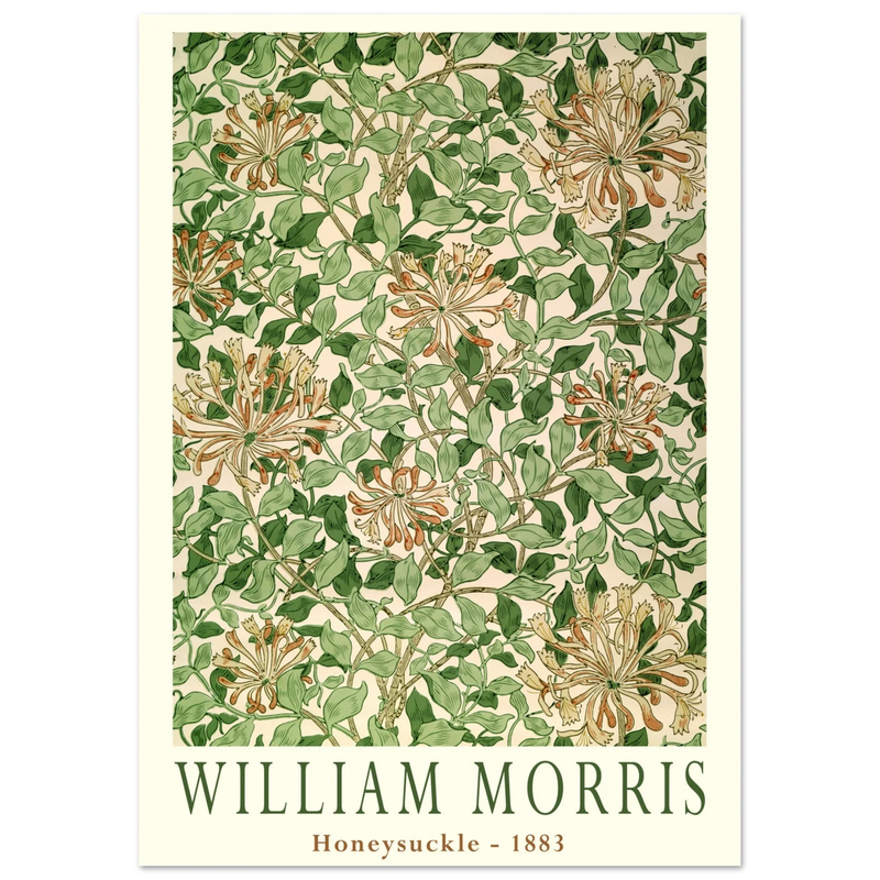 William Morris art print Honeysuckle wallpaper. Vintage flower and leaves poster.