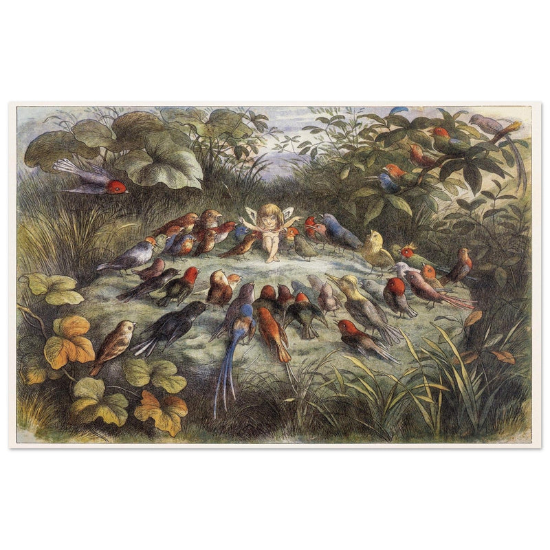Richard Doyle illustration for Fairyland book. Elf teaching the young birds to sing
