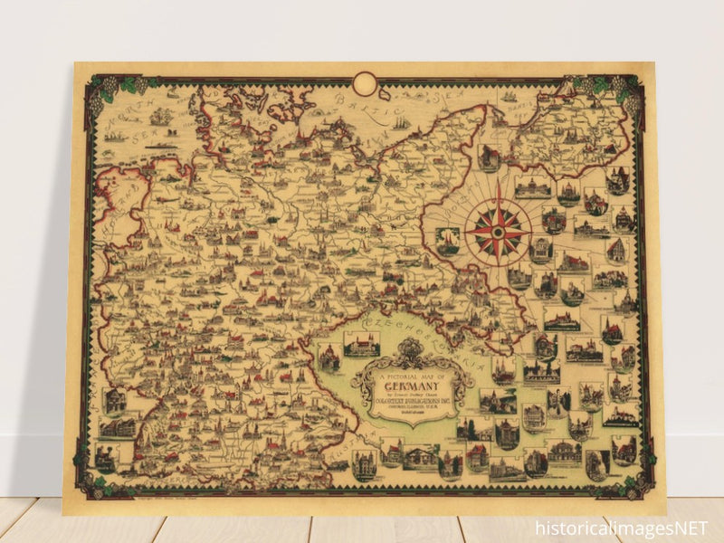 A Pictorial old ancient map of Germany by Ernest Dudley Chase.