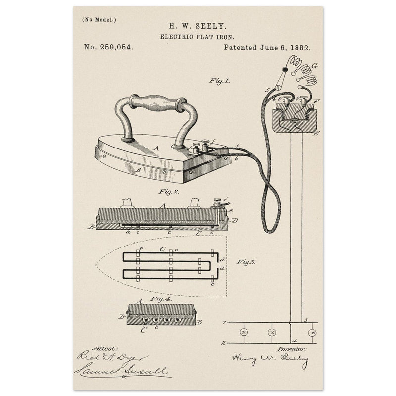 Electric Flat Iron patent by Henry W. Seeley Patent 259.054