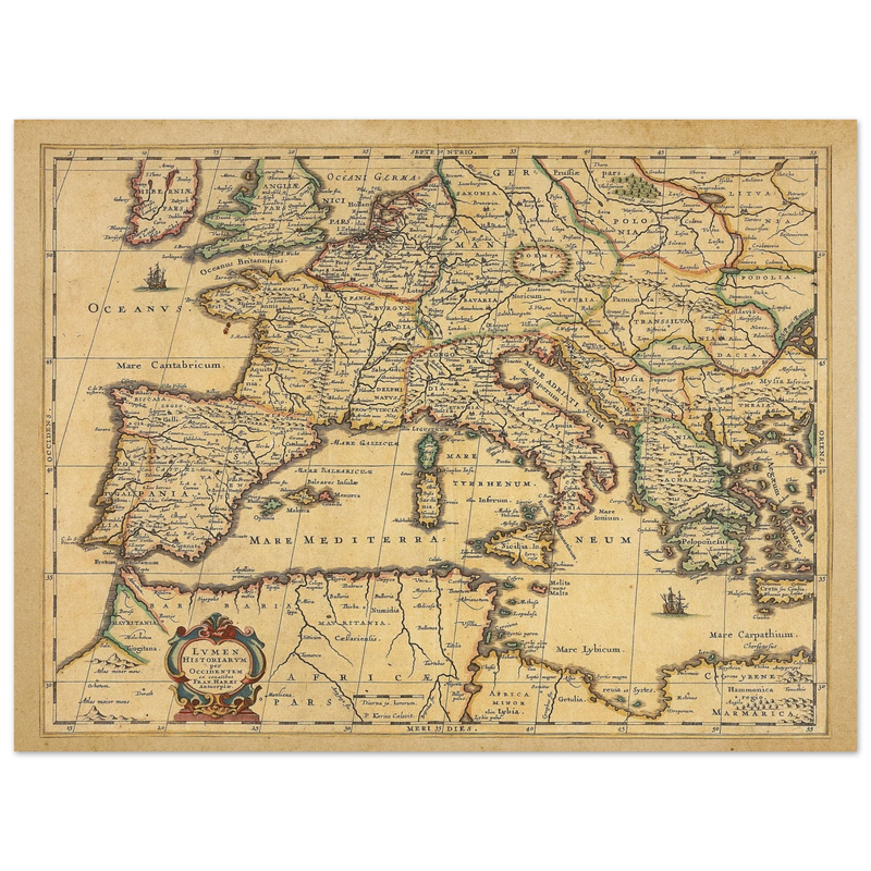 Ancient Europe map print from 1650. Lumen Historiarum per Occidentem by Petrus Kaerius