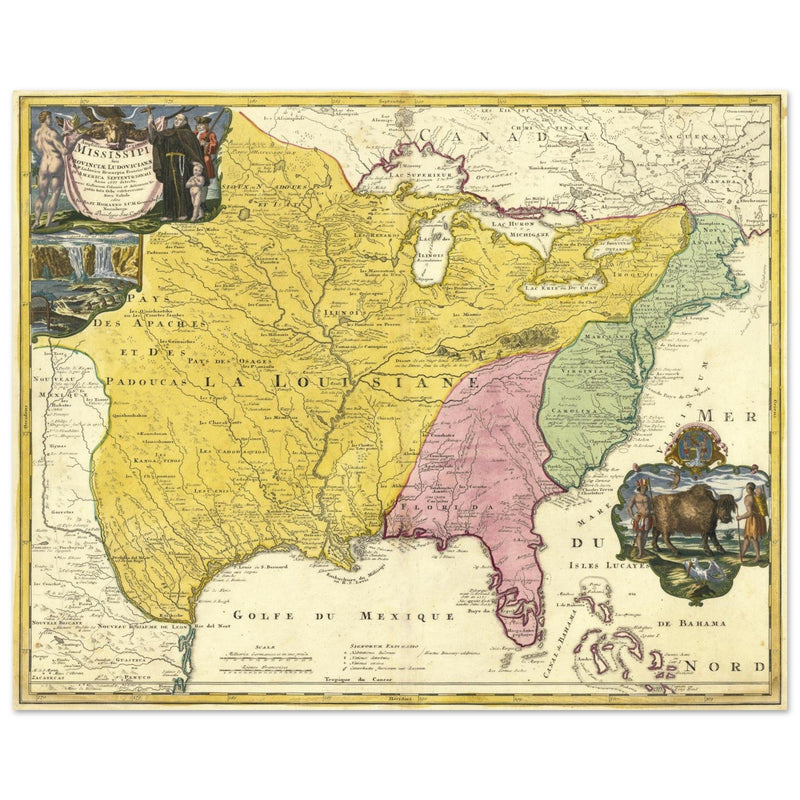 Ancient map of North America Louisiana french region 1687 by Johan Baptist Homann