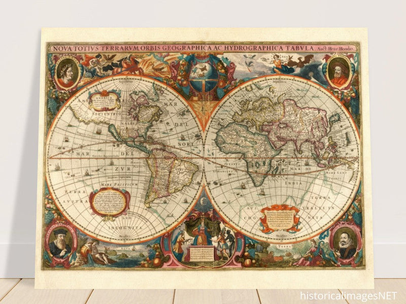 1638 Double hemisphere old world map by Hendrik Hondius.