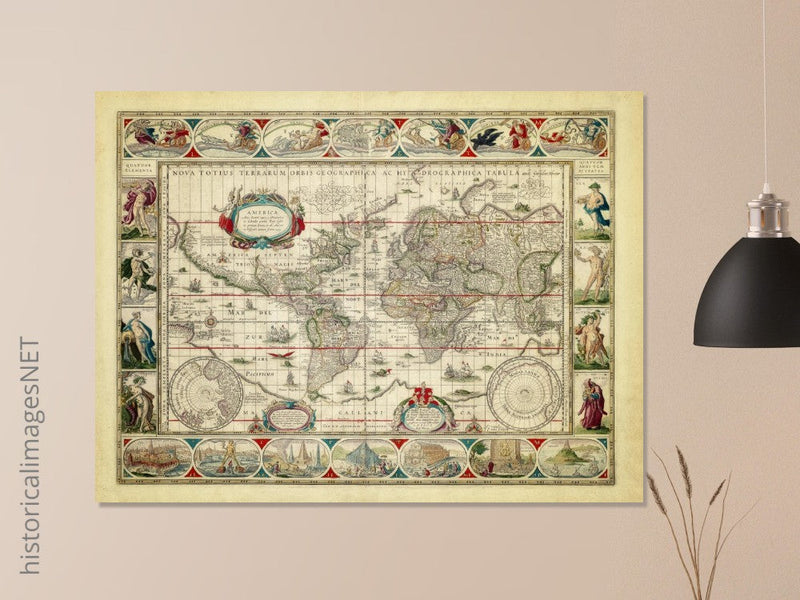 Ancient old world map 1638. Noua totius terrarum orbis geographica ac hydrographica tabula by Willem Janszoon Blaeu