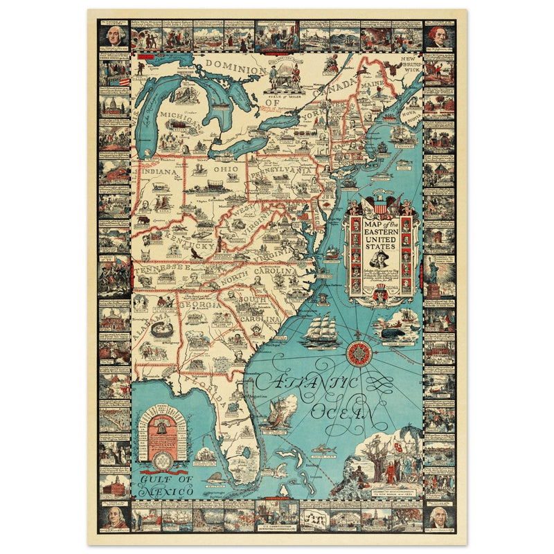 Vintage pictorical map of Map of the Eastern United States by Griswold Tyng. History of the USA.
