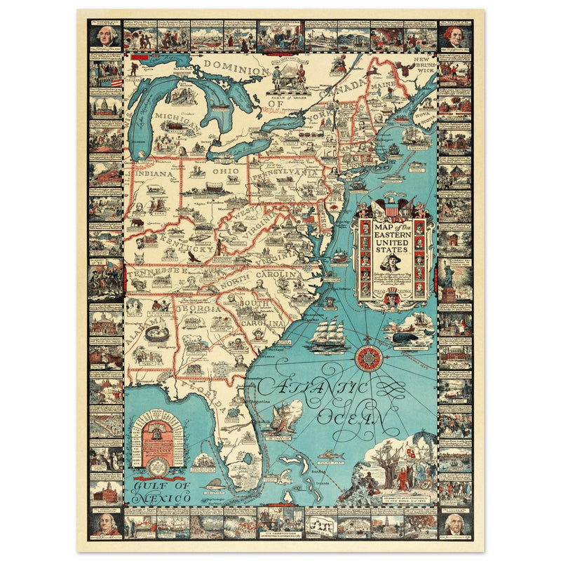 Vintage pictorical map of Map of the Eastern United States by Griswold Tyng. History of the USA.