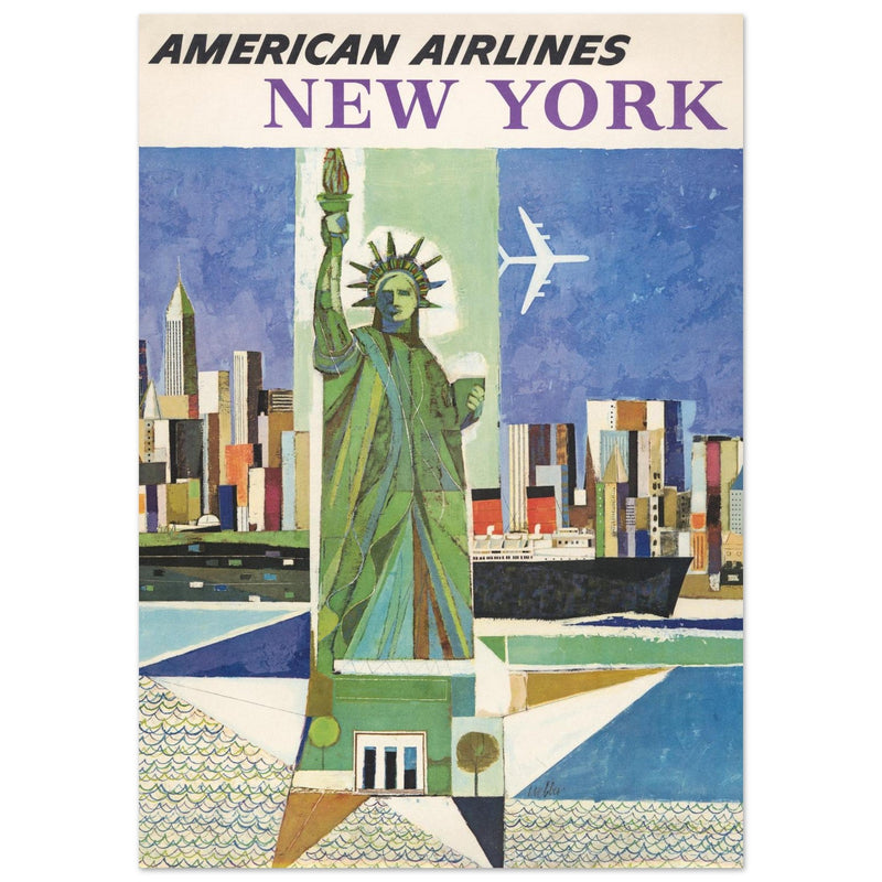 New York City vintage travel advertising poster for American Airlines. Statue of Liberty