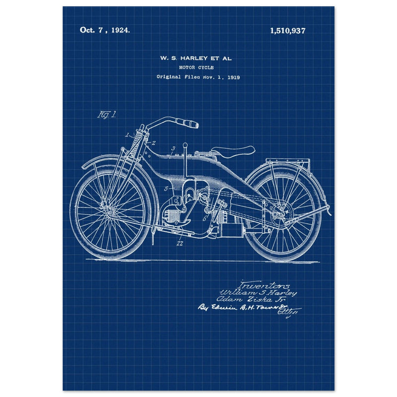 Vintage motorcycle patent by William S Harley founder of harley davidson.