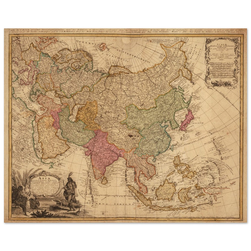 Ancient vintage map of Asia. Beautiful  from an antique asian map of the XVIII century. Art print.