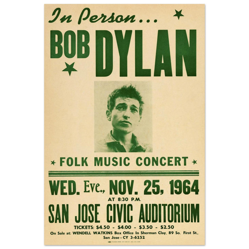 Bob Dylan music concert poster. Performance at the San Jose Civic Auditorium California in 1964.