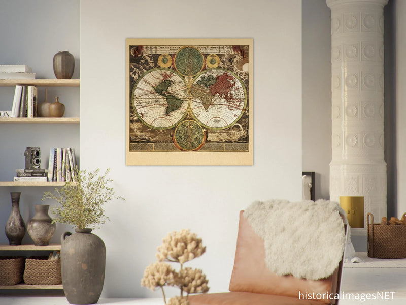 Ancient world map print. Vintage poster reproduction of world globe. Double hemisphere print