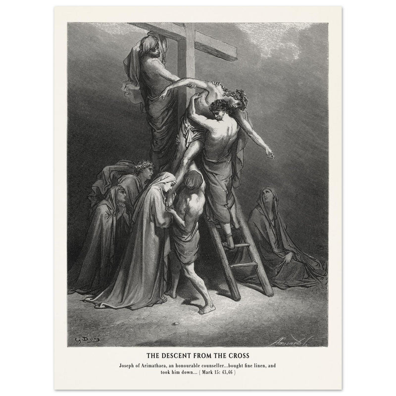 Gustave Dore The Bible engraving print . The Descent from the cross after Crucifixion illustration .